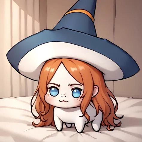 anime girl with a big hat on her head sitting on a bed