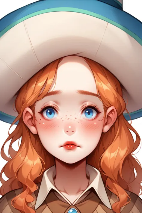 a cartoon girl with a hat and a blue eye