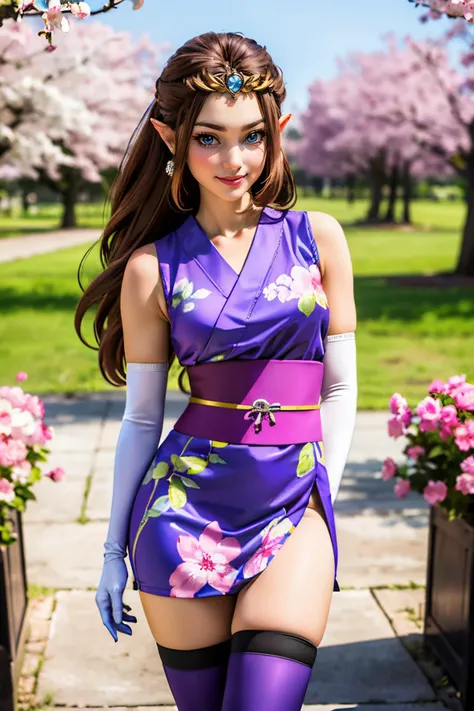 jyojifuku, Kuniichi, kimono, sleeveless, sash, gloves, thigh highs, floral print, purple attire, <lora:kunoichi v1.0:.4> zelda, brown hair, long hair, crown, blue eyes, looking at viewer, serious, smiling, standing, outside, garden, cherry blossom, blue sk...