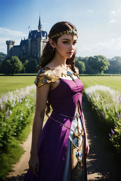 princess zelda, brown hair, blue eyes, dress, jewellery, outdoors, castle  looking at viewer, serious, happy, medium shot,
outside, fantasy field, castle in distance, hdr, extreme detail, beautiful quality, depth of field, 
<lora:Zelda_TP_v1:.8>