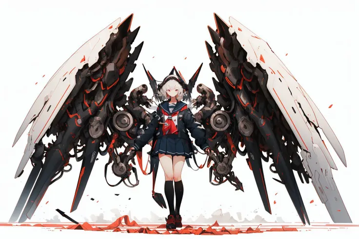 anime girl with wings and a sword standing in front of a white background