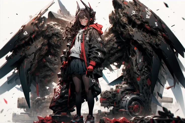 anime girl with wings and a sword standing in front of a pile of debris