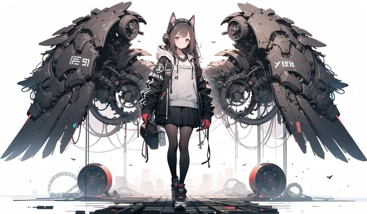 black mechanical wings, 1girl, red eyes, pantyhose, solo, long hair, skirt, jacket, black pantyhose, hood, shoes, headgear, pleated skirt, black skirt, long sleeves, standing, brown hair, bangs, gloves, white background, black jacket, looking at viewer, ho...