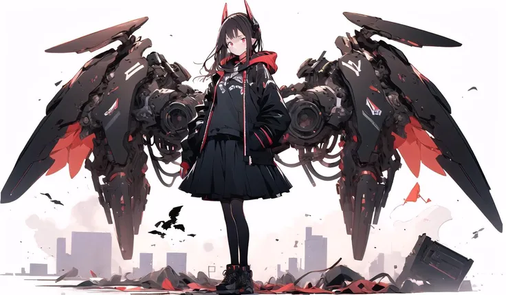 anime girl with wings and a black dress standing in front of a city