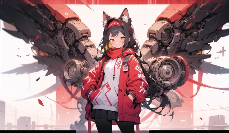 red mechanical wings, 1girl, long hair, animal ears, jacket, looking at viewer, solo, black hair, long sleeves, pantyhose, hand in pocket, black pantyhose, very long hair, hands in pockets, bangs, closed mouth, standing, red jacket, yellow eyes, smile, hoo...