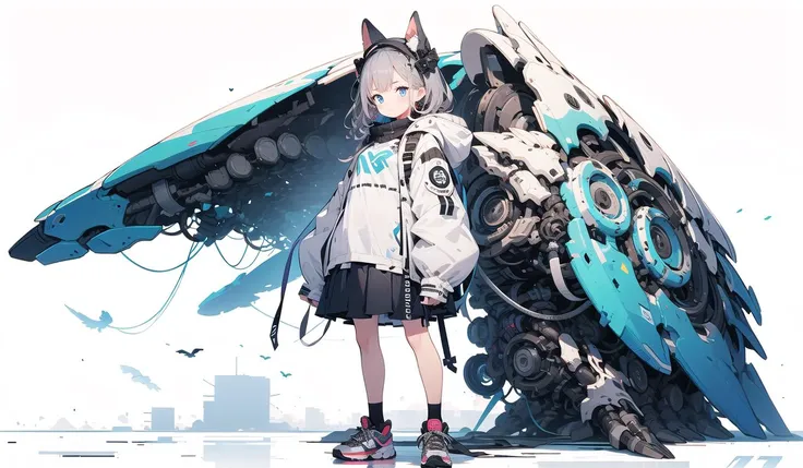 blue mechanical wings, 1girl, skirt, blue eyes, sneakers, shoes, solo, jacket, black skirt, open clothes, long sleeves, pleated skirt, standing, puffy long sleeves, shirt, white shirt, looking at viewer, grey hair, sleeves past wrists, puffy sleeves, black...