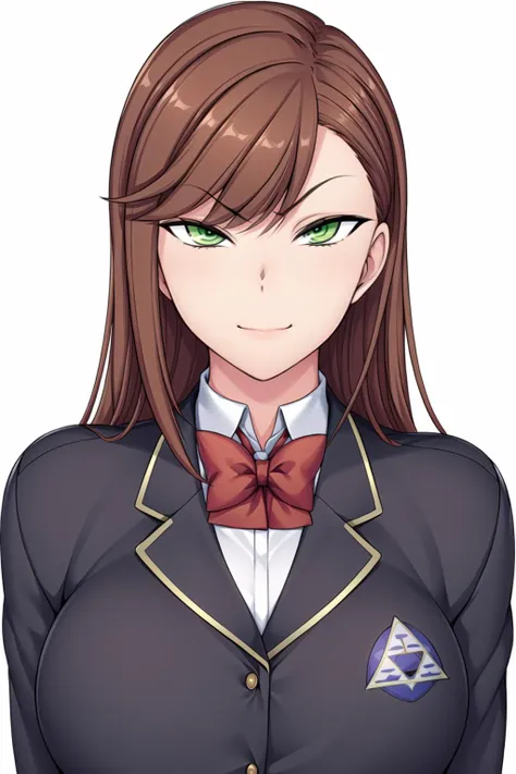 a woman in a suit and bow tie with green eyes