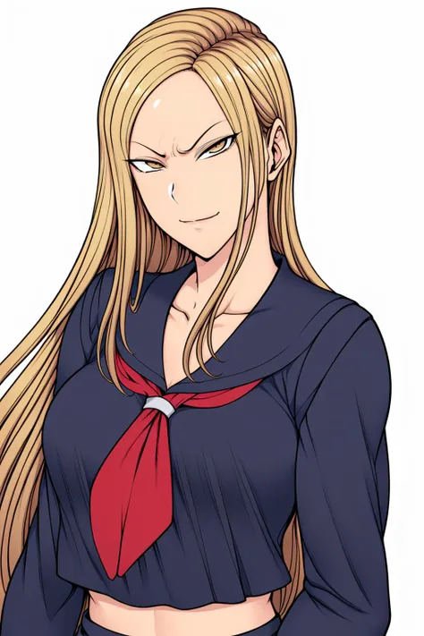 a woman with long blonde hair wearing a blue shirt and red tie