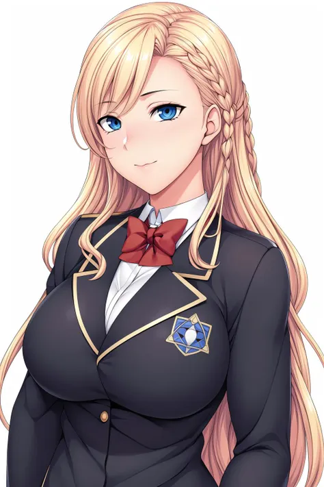 a woman in a uniform with long blonde hair and blue eyes