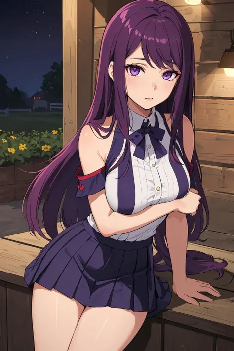 masterpiece, best quality, <lora:EPfeIvy-07:0.7> EPfeIvy, solo, 1girl, purple hair, long hair, purple eyes, mole under mouth, large breasts, fill the frame, farm, plantation, night, arm support, pompom, pleated skirt, sad