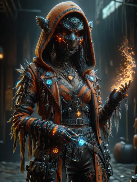 cinematic shot, dramatic lighting, woman, mad-hllwnrs, cybershaman, hoodie, mask, orange leather jacket, feather, talisman, magic items, glowing ornaments, holding machine pistol, casting hkmagic fire spell, dark cyberpunk alley, smoke, neon signs, garrbag...