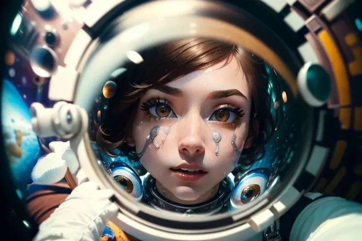 (masterpiece, best quality, detailed face, clean face, detailed brown eyes:1.6), 1girl, solo focus, full body, ((fisheyes view:1.5)), girl in a spacesuit floating, short brown hair, (spacesuit, space helmet, gloves:1.2), <lora:spacesuit3-000009:0.3>,  <lor...