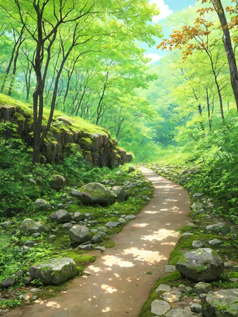 (masterpiece, best quality:1.15), no humans, nebulous, a scenic hiking trail, trees, rocks, green, natural, peaceful