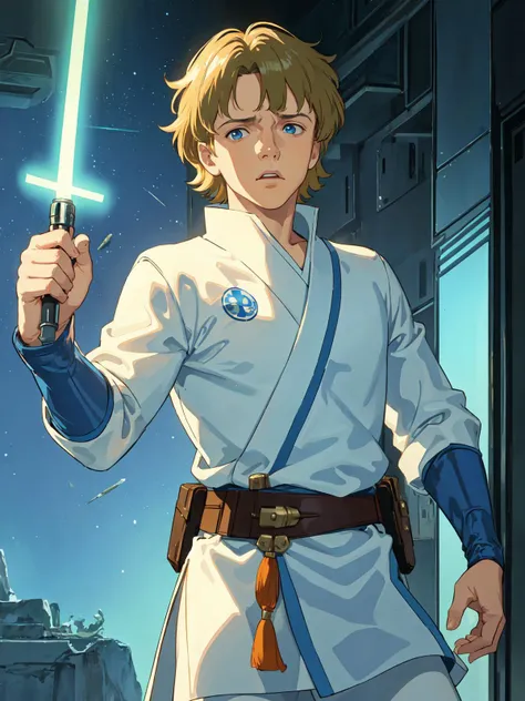 (masterpiece, best quality:1.2), 1boy, male focus, solo, splendid, (luke skywalker:1.05), blue and orange, blonde and short hair, straight hair, white tunic, blue eyes, scar on face, mark hamill