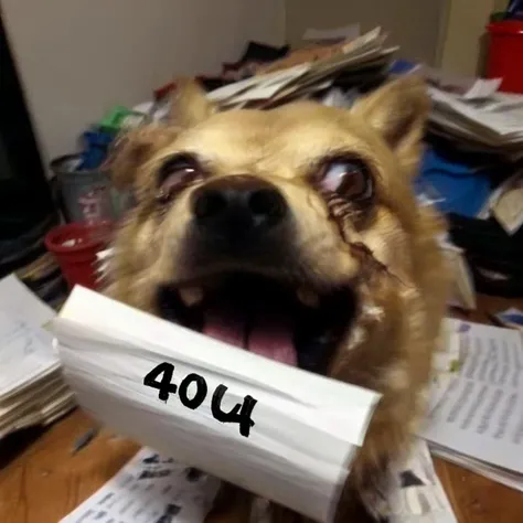 ((written text large number "404") on piece of paper),surrounded by messy cluttered indoors full of papers and trash,
a photo of angry dog weirog holding a piece of paper in his mouth <lora:weirogs_del:1>