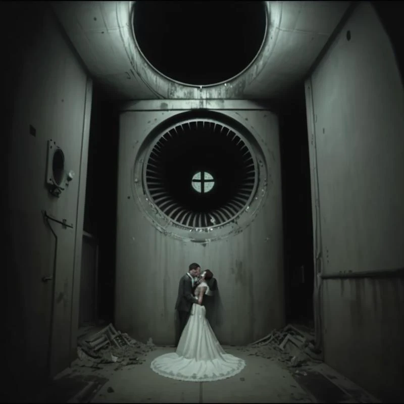 a close up of a bride and groom standing in a tunnel