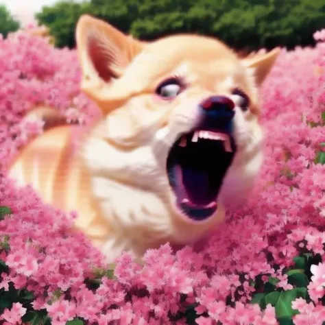 <lora:weirogs_del:1.1>, doge <lora:picre_del:0.7>, pink flowers, picre