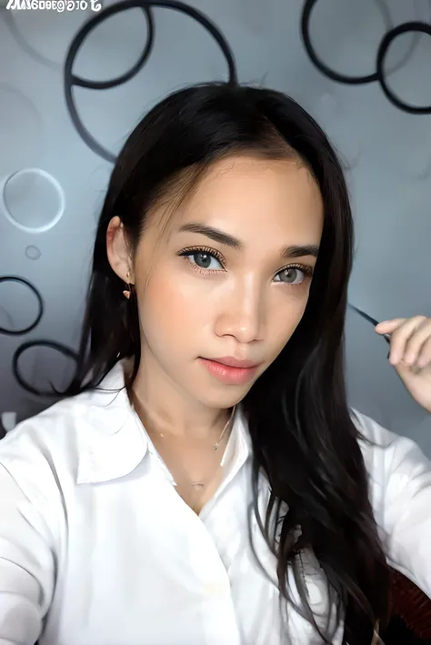 a close up of a woman with long black hair and a white shirt