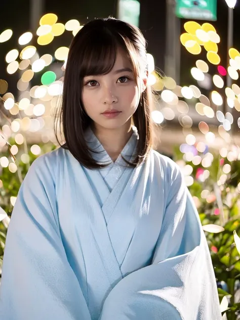 arafed woman in a blue kimono standing in front of a christmas tree