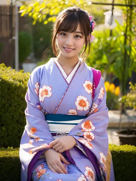 a close up of a woman in a kimono sitting on a bench