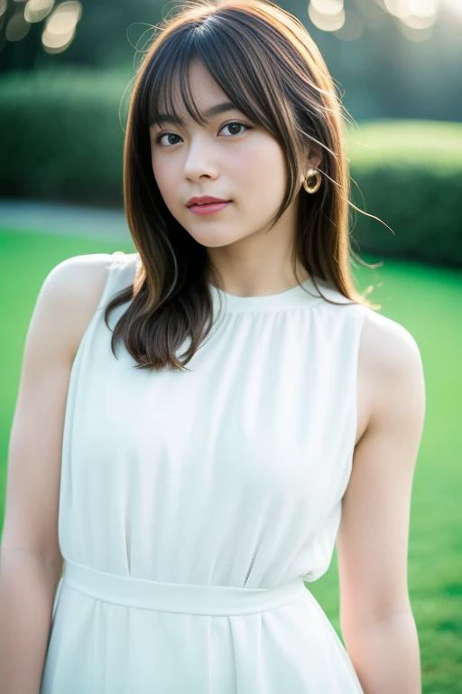 a woman in a white dress standing in a field