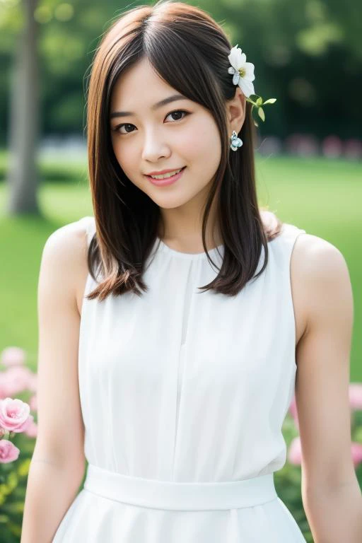 a woman in a white dress standing in front of a flower