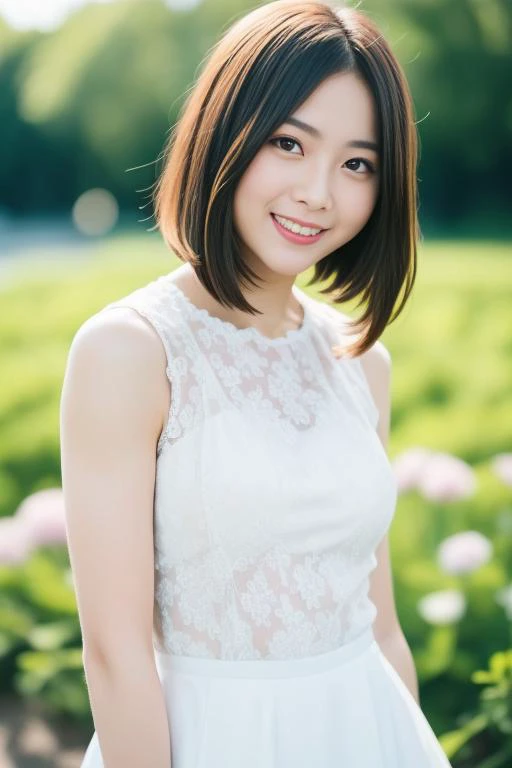 a woman in a white dress standing in a field of flowers