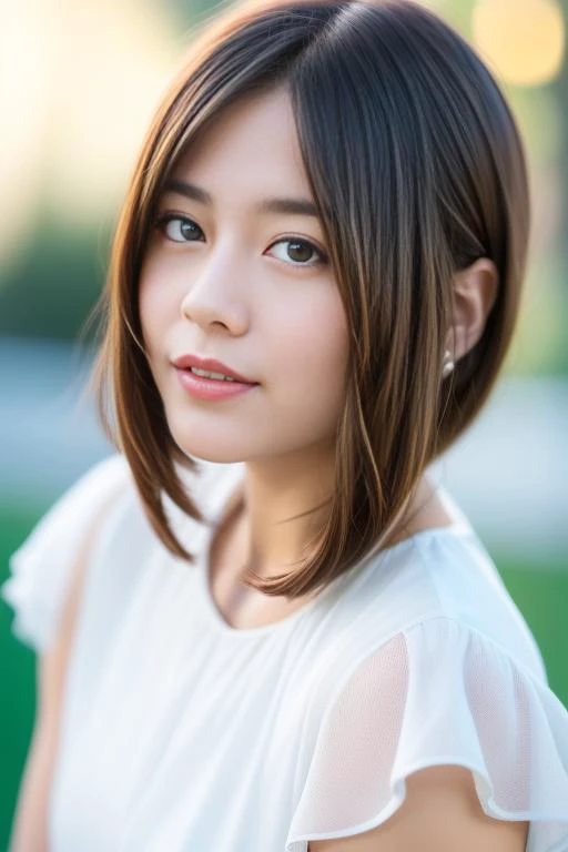 a close up of a woman with a white shirt and a short hair