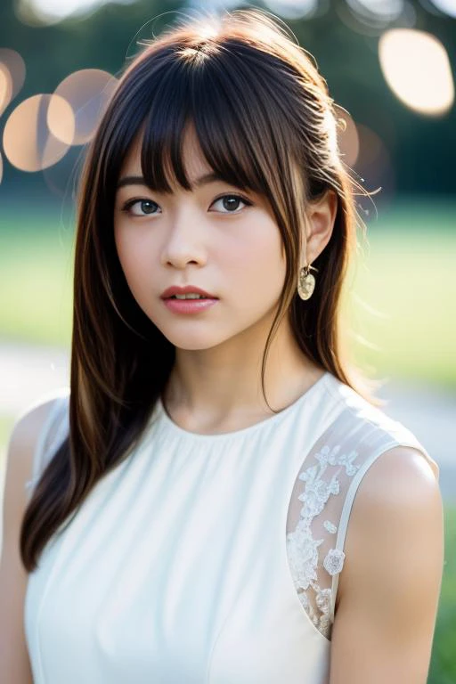 a woman with long hair and a white dress posing for a picture