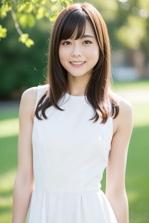 a woman in a white dress standing in a park