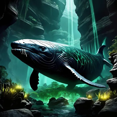 ((best quality)), ((masterpiece)), ((realistic,digital art)), (hyper detailed),DonMD34thM4g1cXL, magical,eerie, Canyon Whale,Subterranean Ecosystem,Summit,Manatee, <lora:DonMD34thM4g1cXL_v3.0-000015:0.85>