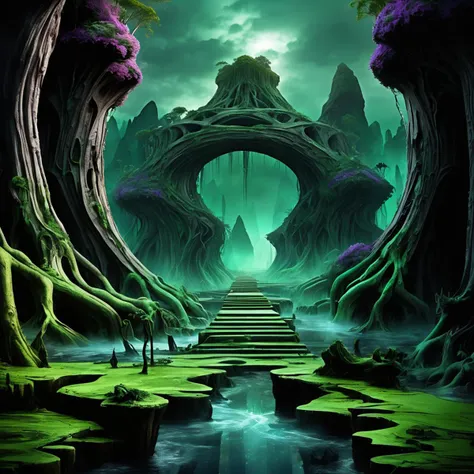 ((best quality)), ((masterpiece)), ((realistic,digital art)), (hyper detailed),DonMD34thM4g1cXL, magical,eerie, Oasis Highway,Cypress Knees, <lora:DonMD34thM4g1cXL_v3.0-000015:0.85>