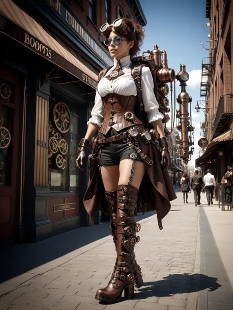 a woman in a steam punk outfit and boots walking down a street