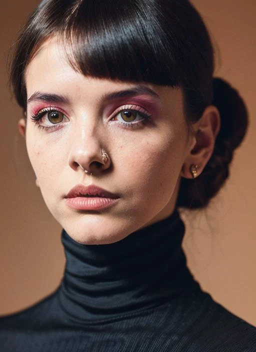 A stunning intricate full color portrait of (sks woman:1), wearing a black turtleneck, epic character composition, by ilya kuvshinov, alessio albi, nina masic, sharp focus, natural lighting, subsurface scattering, f2, 35mm, film grain, <lora:locon_melaniem...