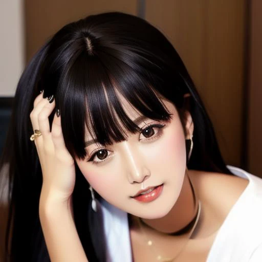 a close up of a woman with long black hair and a white shirt