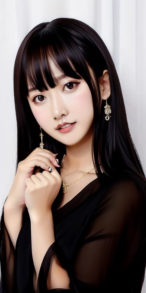 a woman with long black hair and earrings posing for a picture