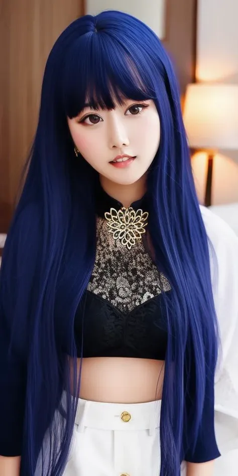 a woman with long blue hair and a black top