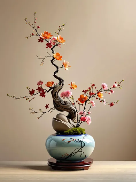 XCYP Ikebana Chinese Flower Arrangement, full of Zen, artistic aesthetics, ultra-high-definition, ultra-realistic. Traditional Chinese Florals, Elegant Vases, Minimalist Compositions, Tranquil Atmosphere, Pastel Tones, Delicate Details, 8K Ultra High Resol...