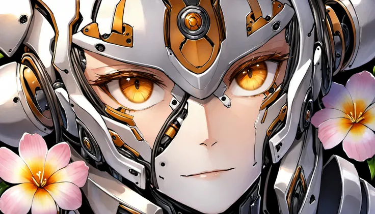 <ti:style-paintmagic> Close-up portrait of mechanical android human with growing flowers inside head