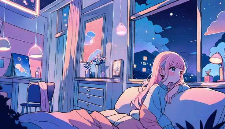 anime girl in bed with a night sky view