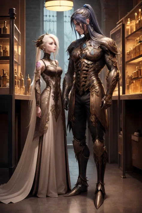 a man and woman dressed in armor standing next to each other