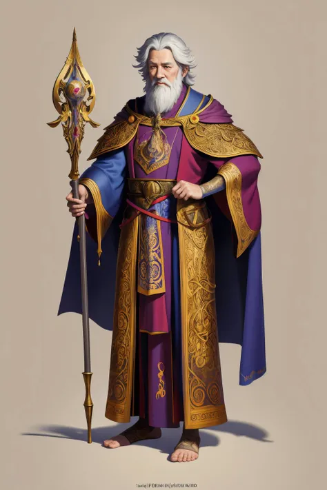 (masterpiece), (best_quality), (ultra-detailed), (illustration), (welcoming) 1boy, old wizard, colorful robes, holding a staff, nice hands, detailed hands, (full body:1.4), official art, vivid color, finely detailed, hyper detailed, 8k, high resolution ill...