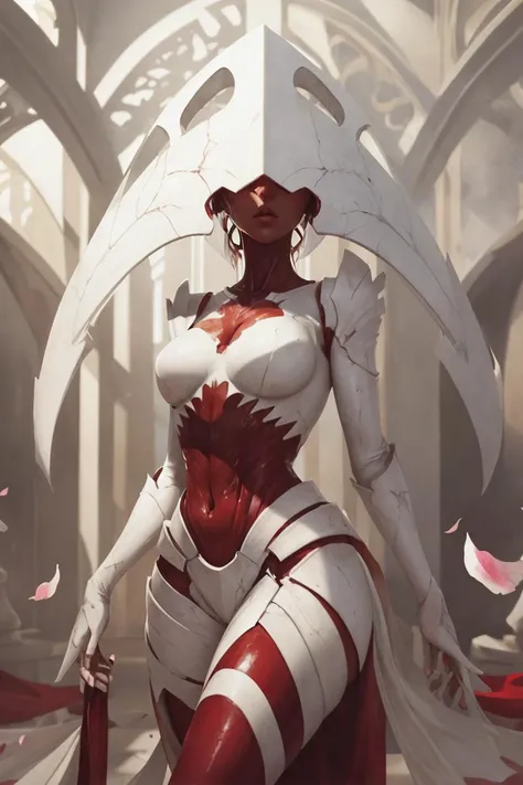 <lora:MONSTER_EleshNorn_v2:0.6>, elesh norn, 1girl, white carapace, monster girl, exposed muscle and flesh, white high heels, bloody dress, claws, faceless, breasts, wedding dress, opulent, glossy, dirty organic swamp background with pillars, sun beam, ill...