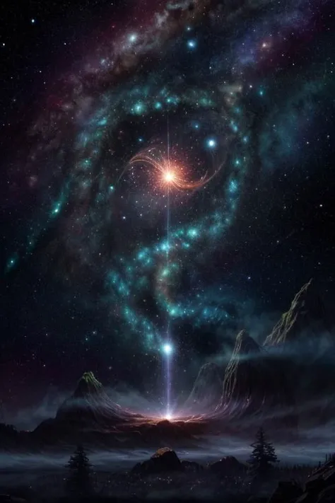 A Quasar, quantum star, NASA, digital art. Artwork by Dan Mumford and Pixar Ghibli and Disney animation. 4K UHD image is a cute cthulhu in the sky with many small trees that looks like its from borderlands and by Frank Frazetta, bloom, dramatic lighting. U...