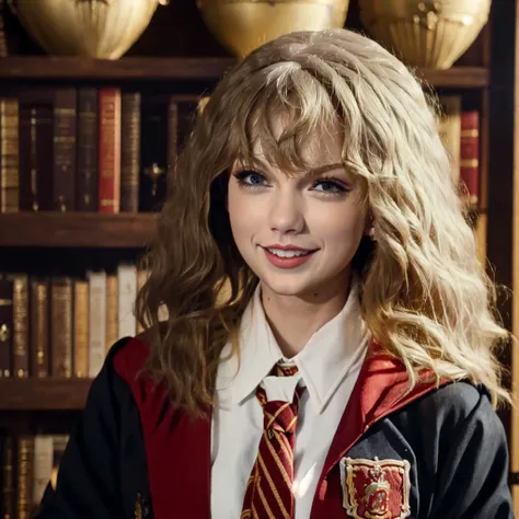 <lora:gryffindor uniform_20240224012317:1> Taylor Swift wearing a gryffindor uniform, smiling