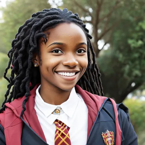 <lora:gryffindor uniform_20240224012317:1> an African-American girl, wearing a gryffindor uniform, smiling