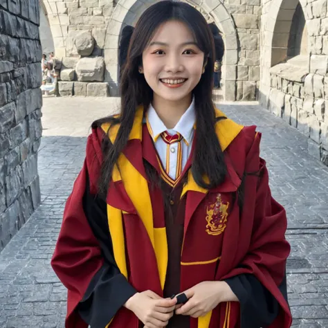 <lora:gryffindor uniform_20240224012317:1> a medium shot of a Chinese woman wearing a gryffindor uniform, smiling, 1girl