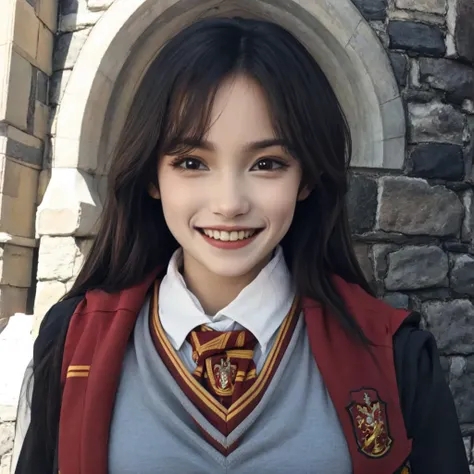 <lora:gryffindor uniform_20240224012317:1> gryffindor uniform, 1girl, smiling