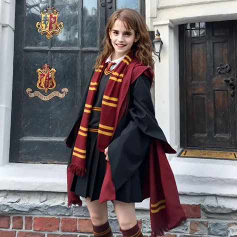 <lora:gryffindor uniform_20240224012317:1> a medium shot of a Emma Watson wearing a gryffindor uniform, smiling, 1girl