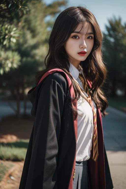 ltra-detailed,highly detailed,best quality,masterpiece,illustration,realistic,photorealistic,
1girl, solo, cosplay, 
gryffindor uniform, hogwarts school uniform, 
looking at viewer, cowboy shot, 
outdoors, photo background, 
 <lora:gryffindor uniform_v1_07...